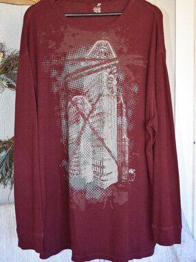 JF J Ferrar Men's 2XLT Thermal Shirt Flatiron Building NYC Burgundy Waffle Knit